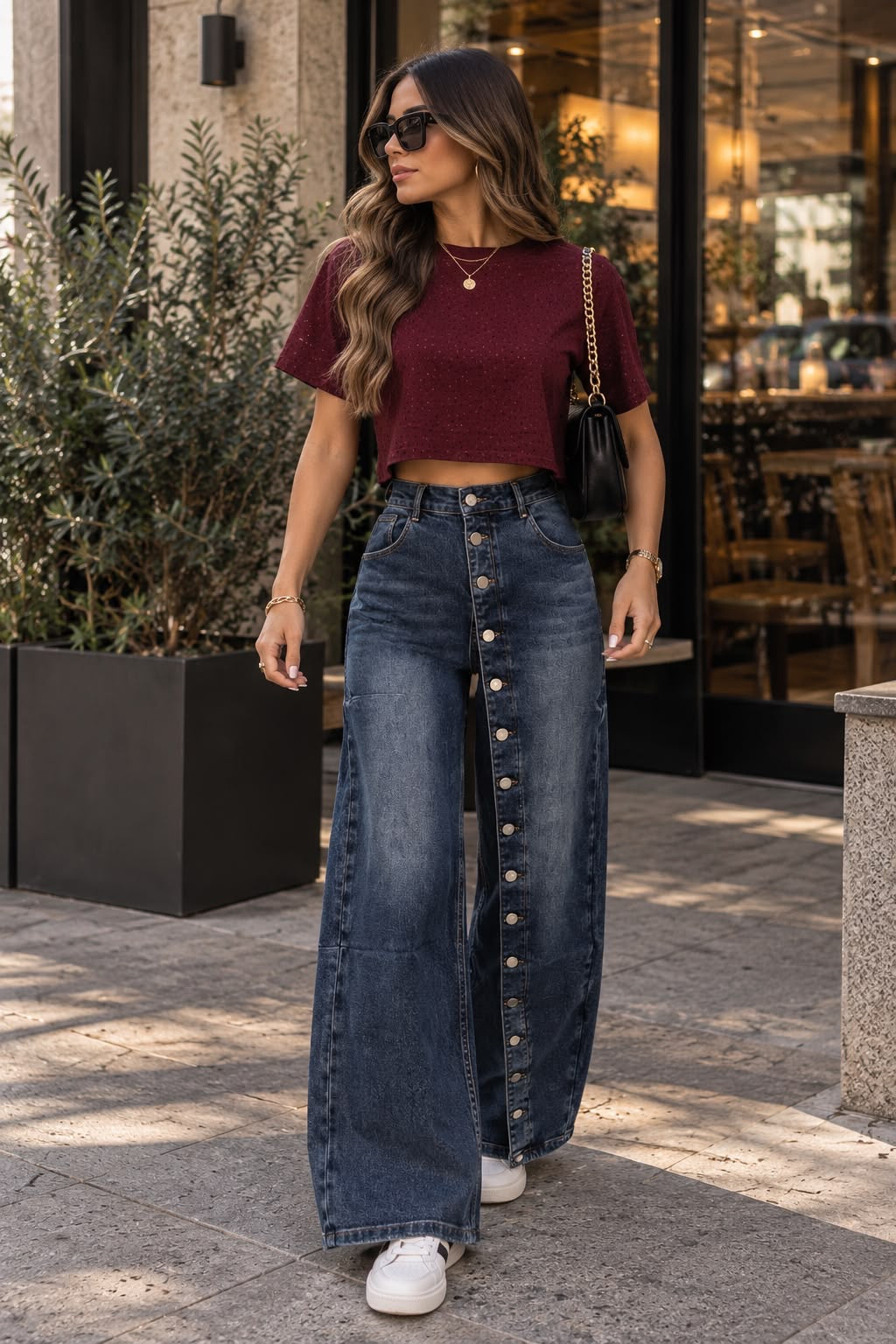 Pantalón wide leg botones
