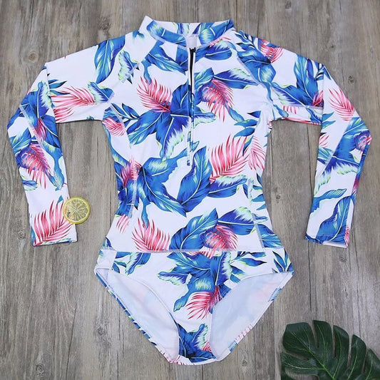 Monokini con hojas azules y rosas