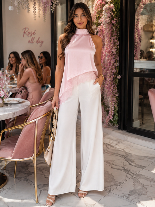 Blusa satinada rosa encaje rosa