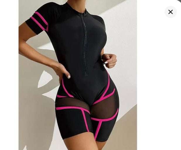 Monokini manga corta negro/rosa